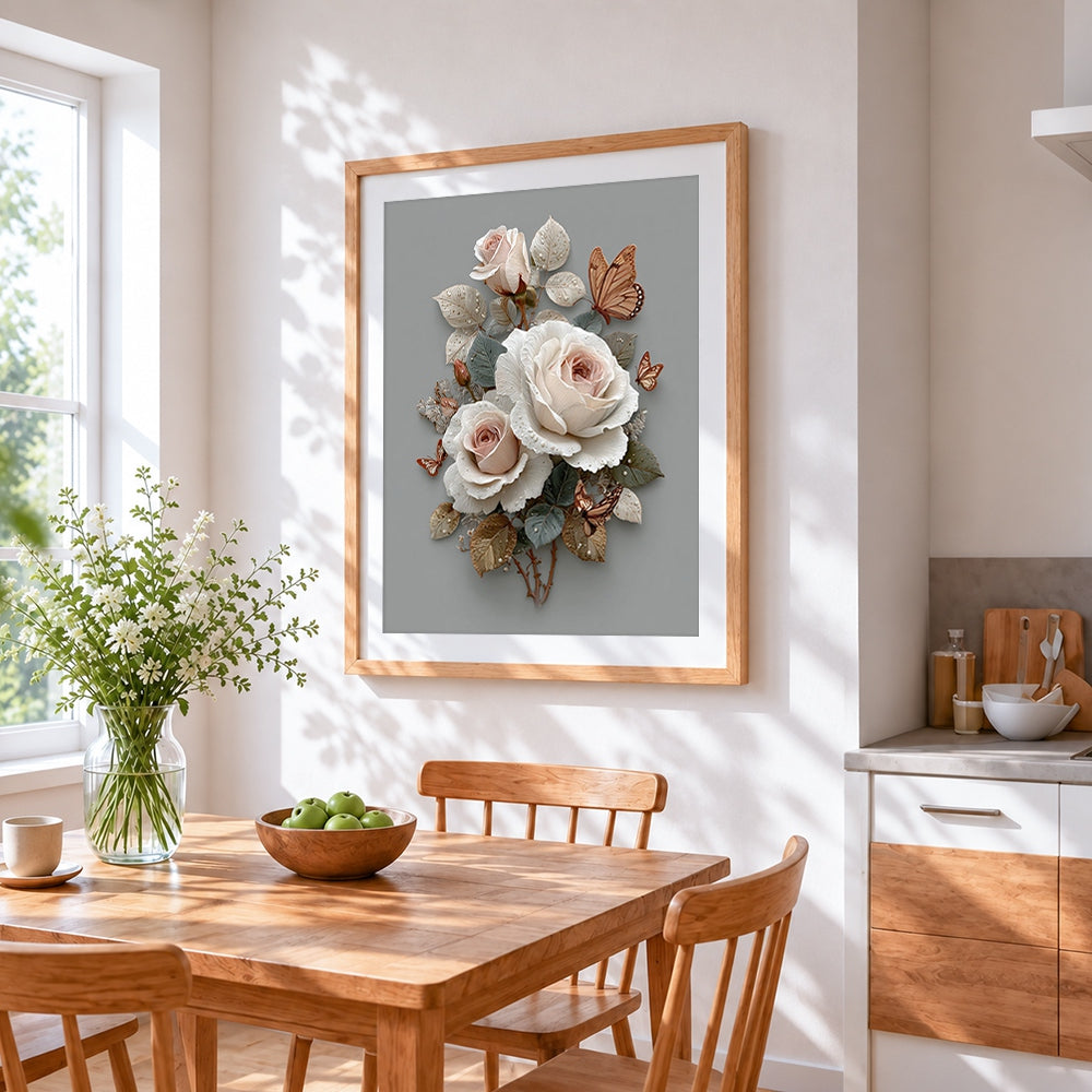 Cream roses and butterflies cross stitch artwork displayed on wall as home decor
