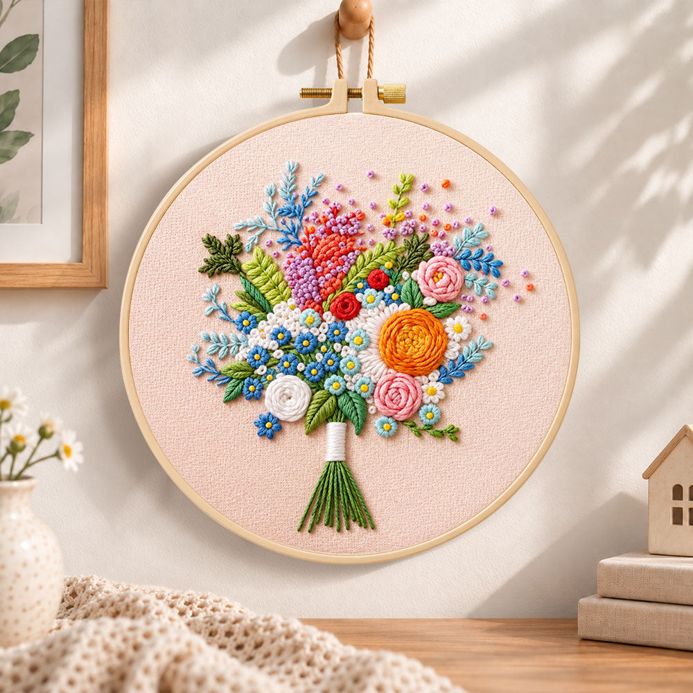 Cream wildflower bouquet embroidery hoop wall art displayed as warm and cosy handmade home decor