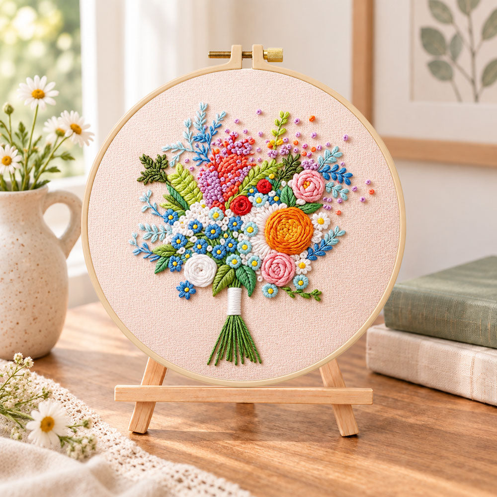 Cream wildflower bouquet embroidery kit finished hoop displayed on a wooden stand as cosy tabletop decor