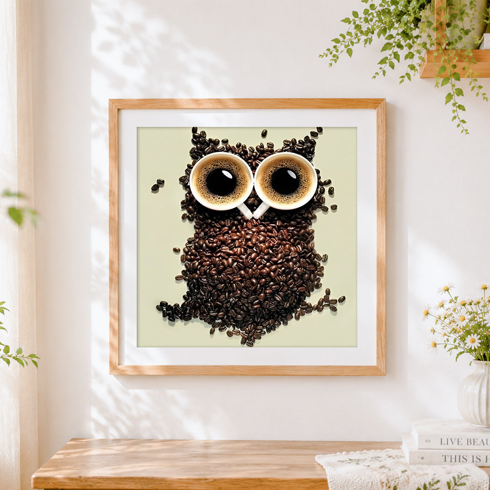 Finished creative coffee bean owl with espresso cups cross stitch artwork displayed