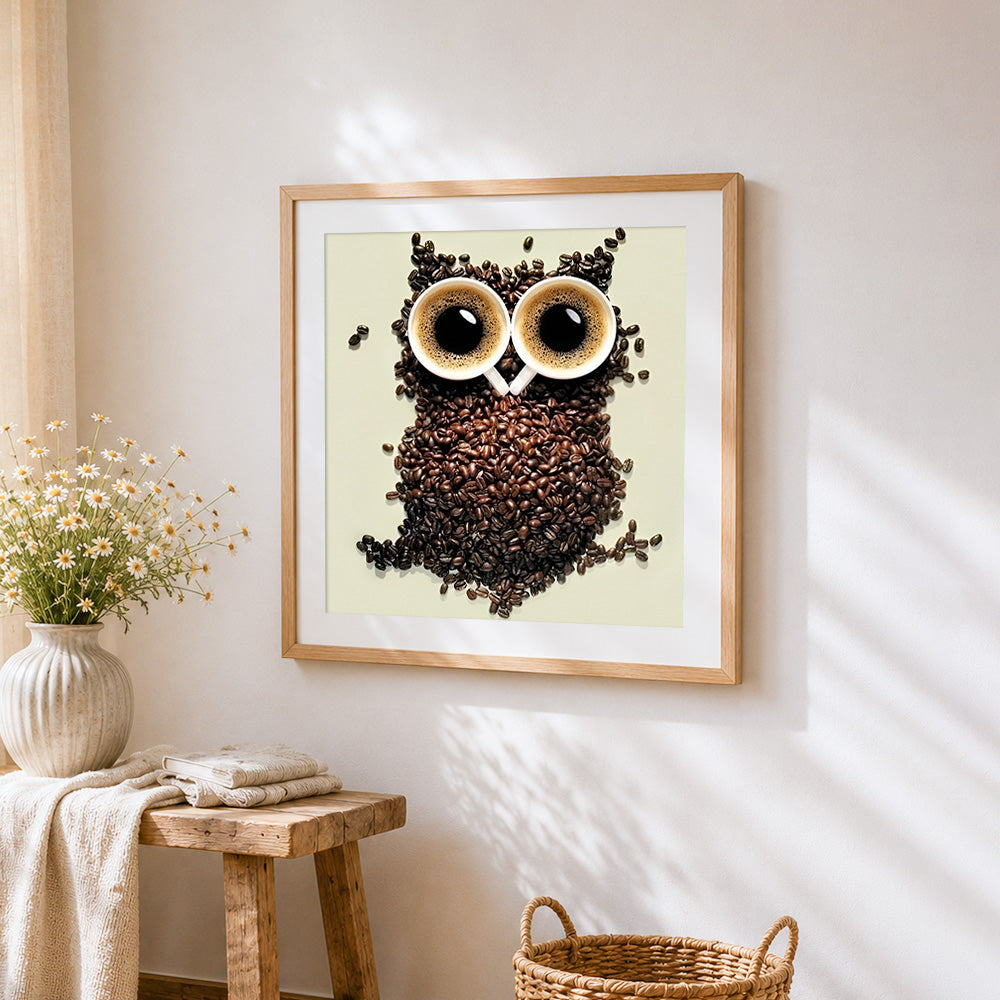 Creative coffee bean owl with espresso cups cross stitch artwork displayed on wall as home decor