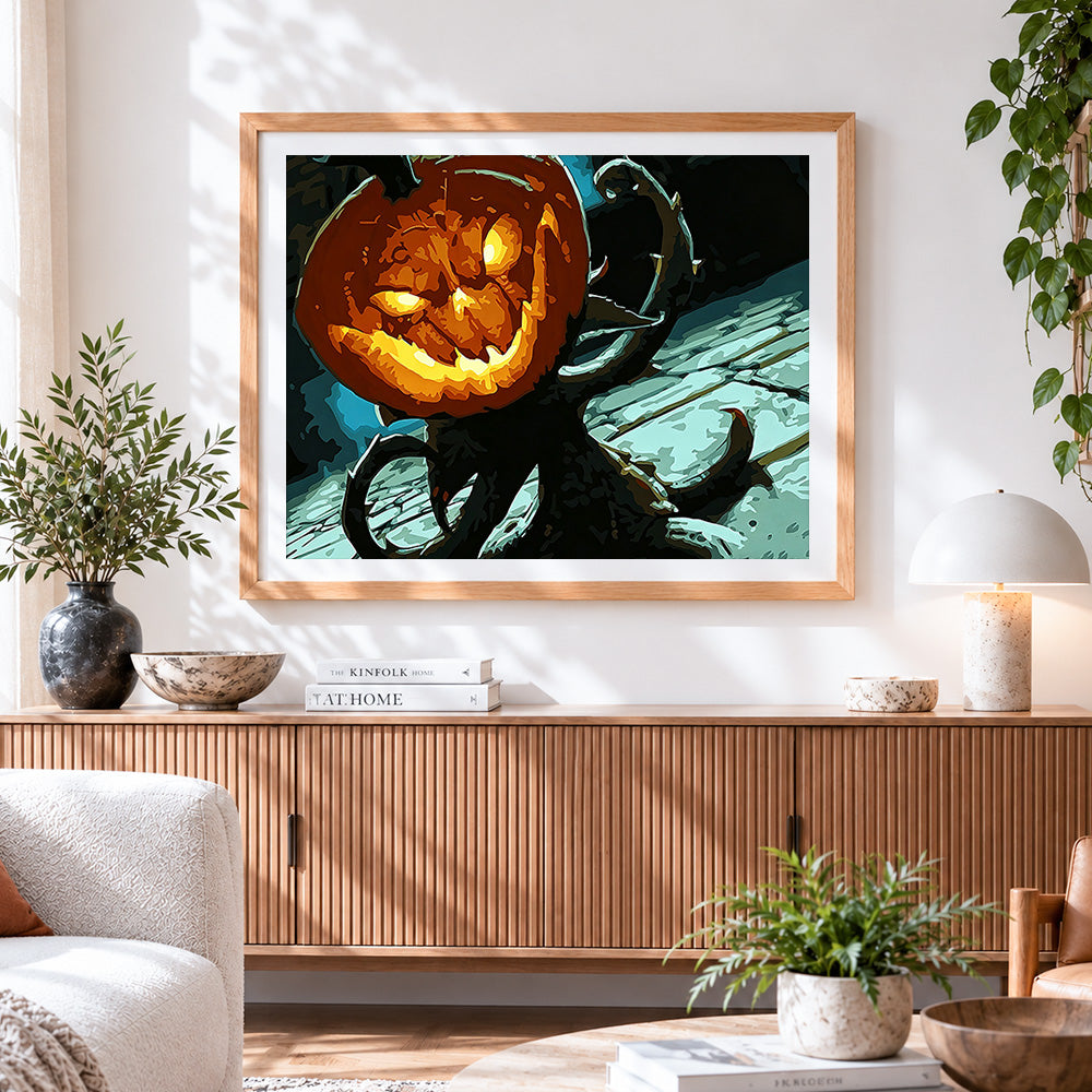 Finished creepy glowing jack-o-lantern in dark woods paint by numbers artwork displayed as home decor