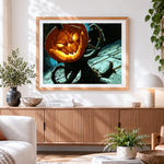 Finished creepy glowing jack-o-lantern in dark woods paint by numbers artwork displayed as home decor