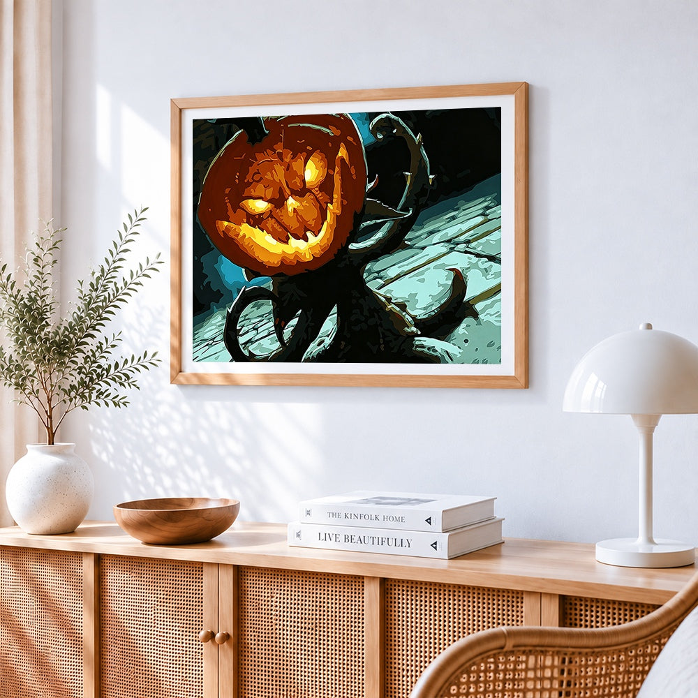 Creepy glowing jack-o-lantern in dark woods paint by numbers artwork displayed on wall as home decor
