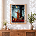 Finished creepy halloween sackhead in foggy forest cross stitch artwork displayed