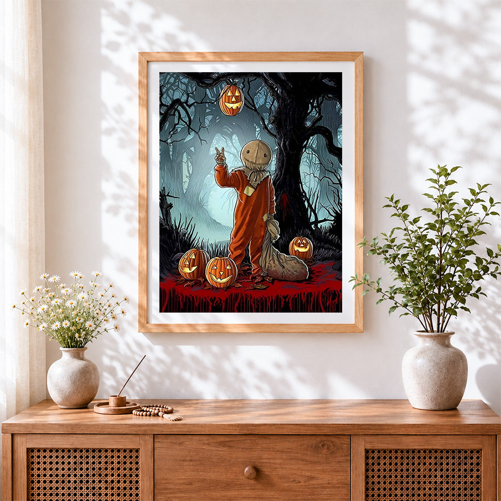 Finished creepy halloween sackhead in foggy forest cross stitch artwork displayed