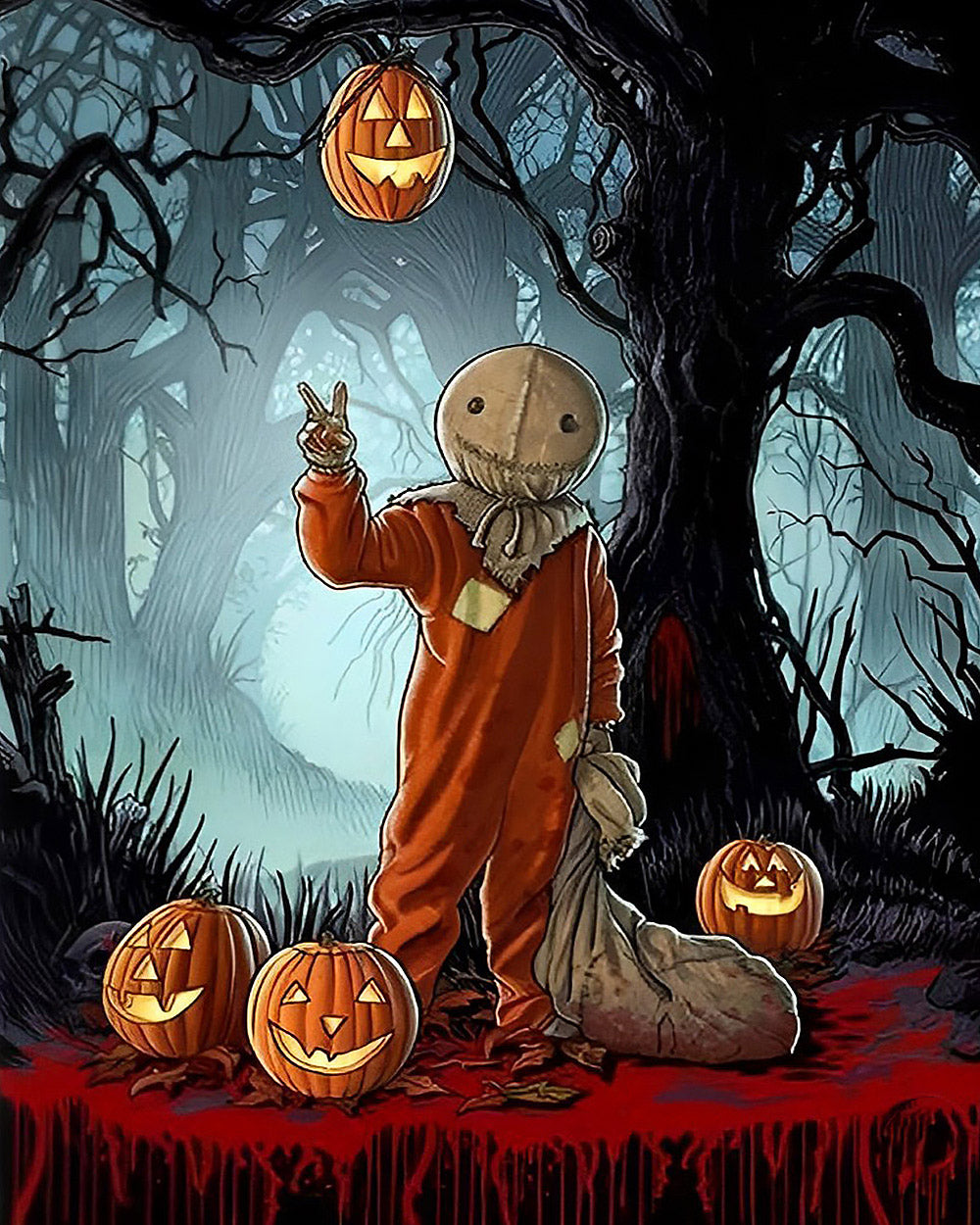 Creepy halloween sackhead in foggy forest cross stitch kit for beginners