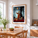 Creepy halloween sackhead in foggy forest cross stitch artwork displayed on wall as home decor