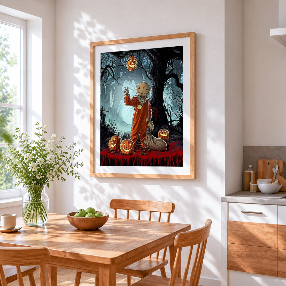 Creepy halloween sackhead in foggy forest cross stitch artwork displayed on wall as home decor