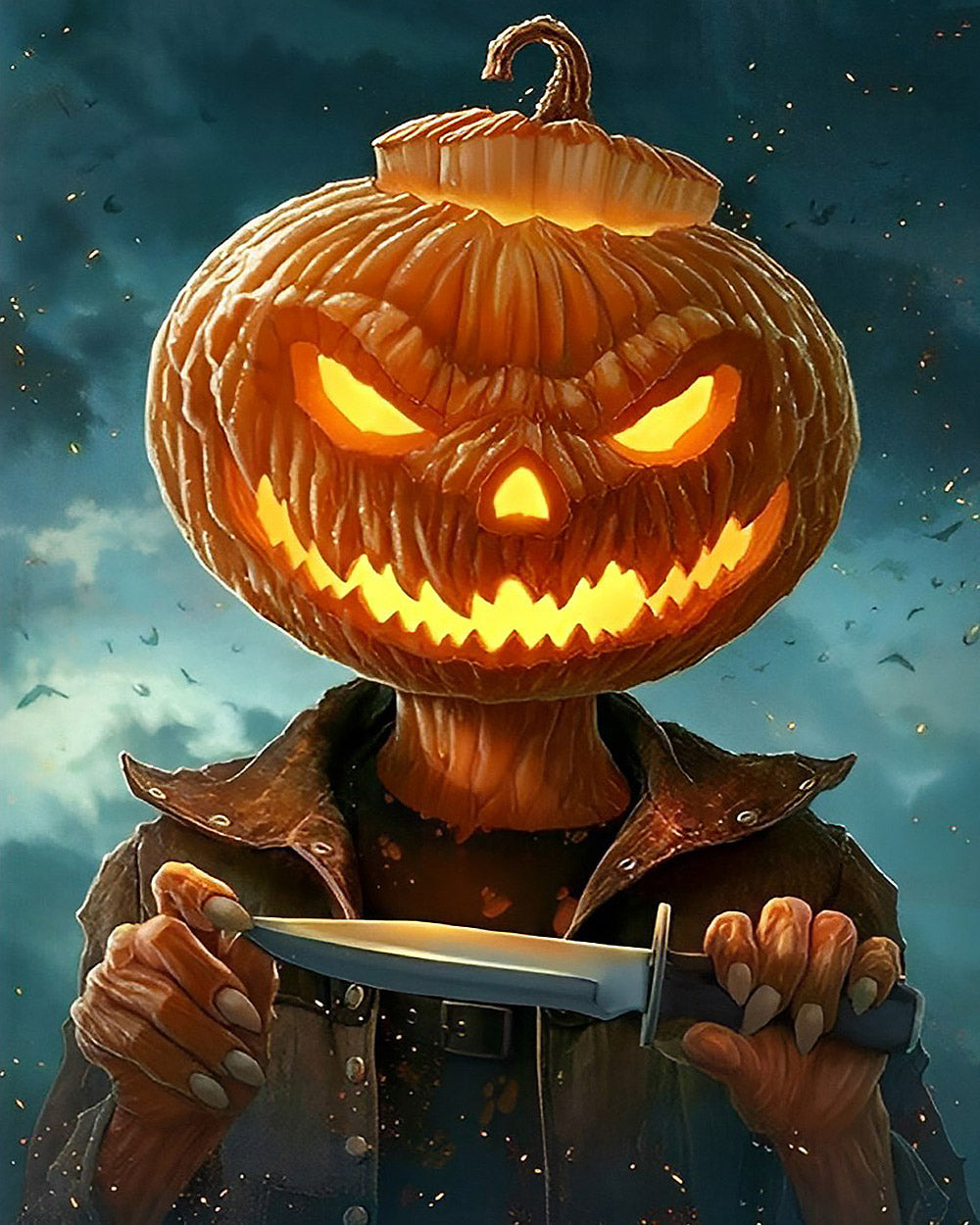 Creepy pumpkin head with knife cross stitch kit for beginners