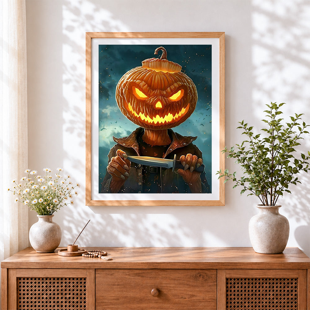 Finished creepy pumpkin head with knife paint by numbers artwork displayed as home decor