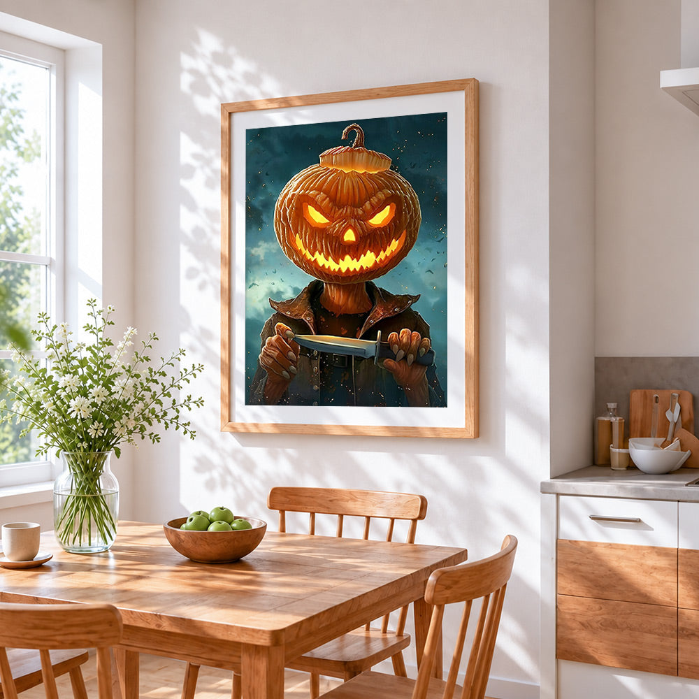 Creepy pumpkin head with knife paint by numbers artwork displayed on wall as home decor
