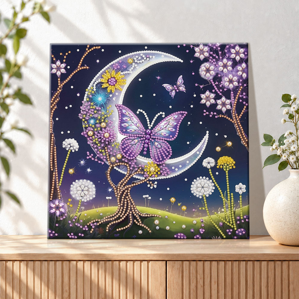 Finished crescent moon and purple butterfly pearl diamond painting artwork displayed as holiday home decor