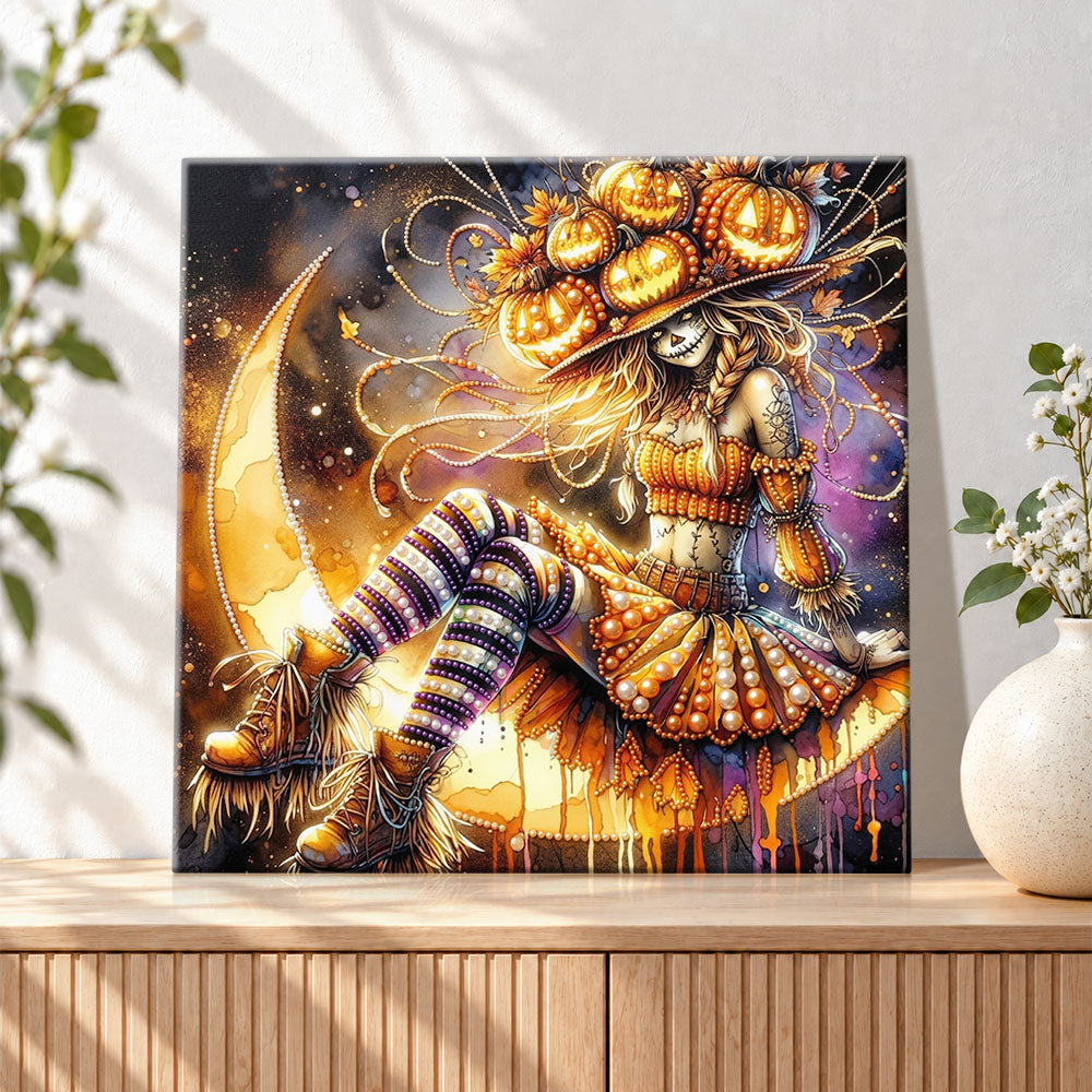 Finished crescent moon fantasy lady pearl diamond painting artwork displayed as holiday home decor