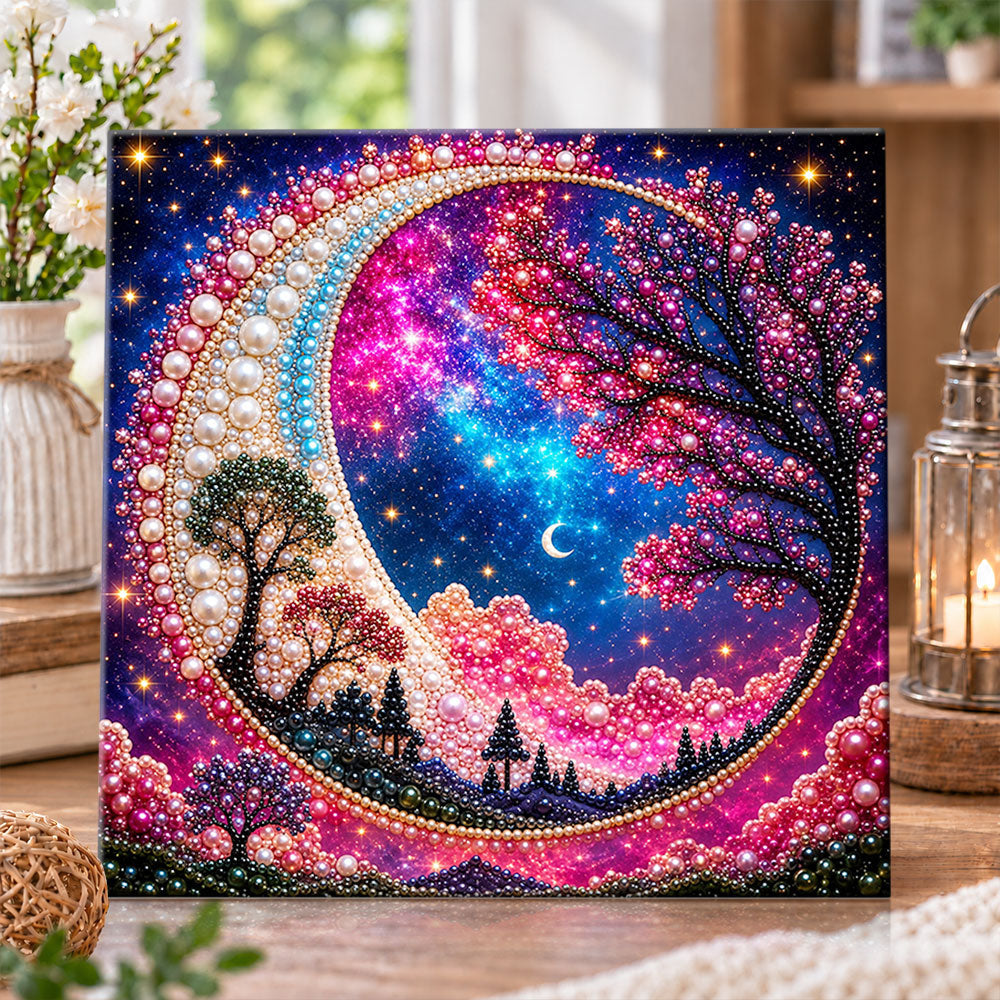 Crescent moon galaxy tree pearl diamond painting kit for beginners