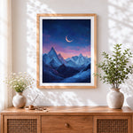 Finished crescent moon over snowy mountains cross stitch artwork displayed