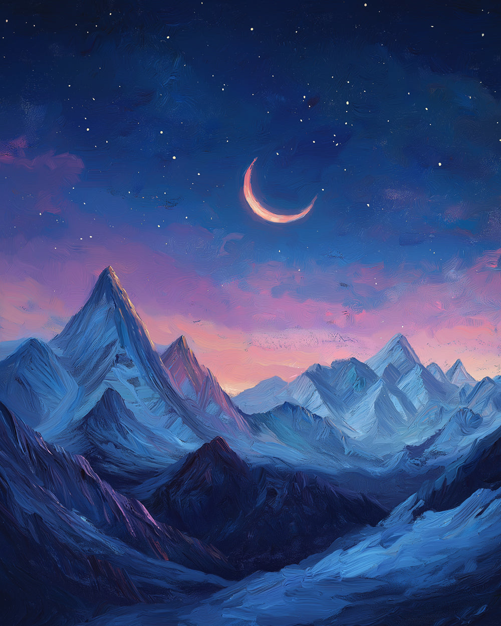 Crescent moon over snowy mountains cross stitch kit for beginners