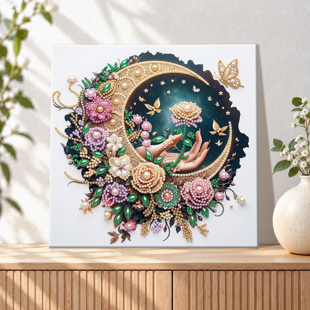 Finished crescent moon with floral hands pearl diamond painting artwork displayed as holiday home decor