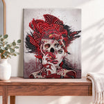 Finished crimson skull portrait pearl diamond painting artwork displayed as home decor