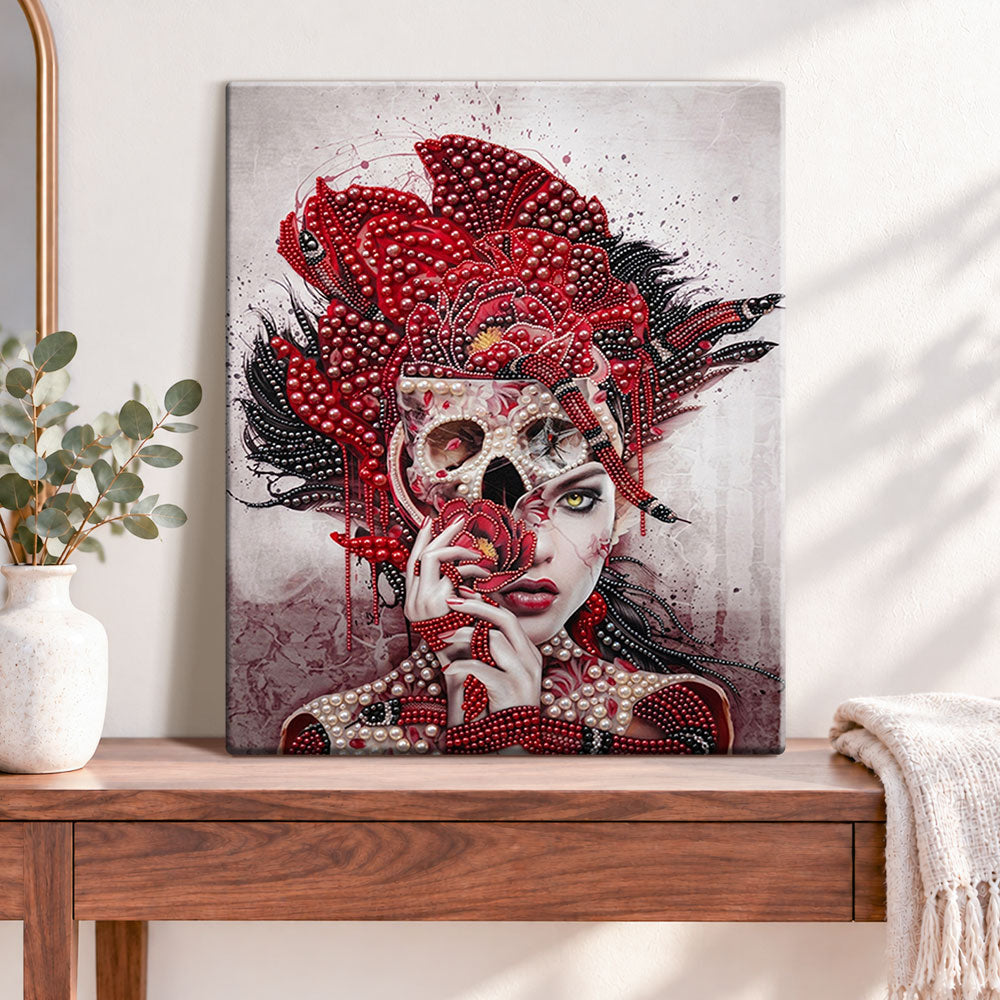 Finished crimson skull portrait pearl diamond painting artwork displayed as home decor