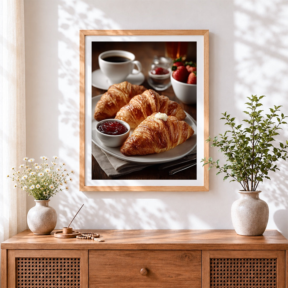 Finished croissants and coffee breakfast cross stitch artwork displayed