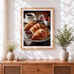 Finished croissants and coffee breakfast cross stitch artwork displayed