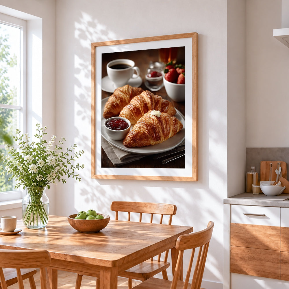Croissants and coffee breakfast cross stitch artwork displayed on wall as home decor