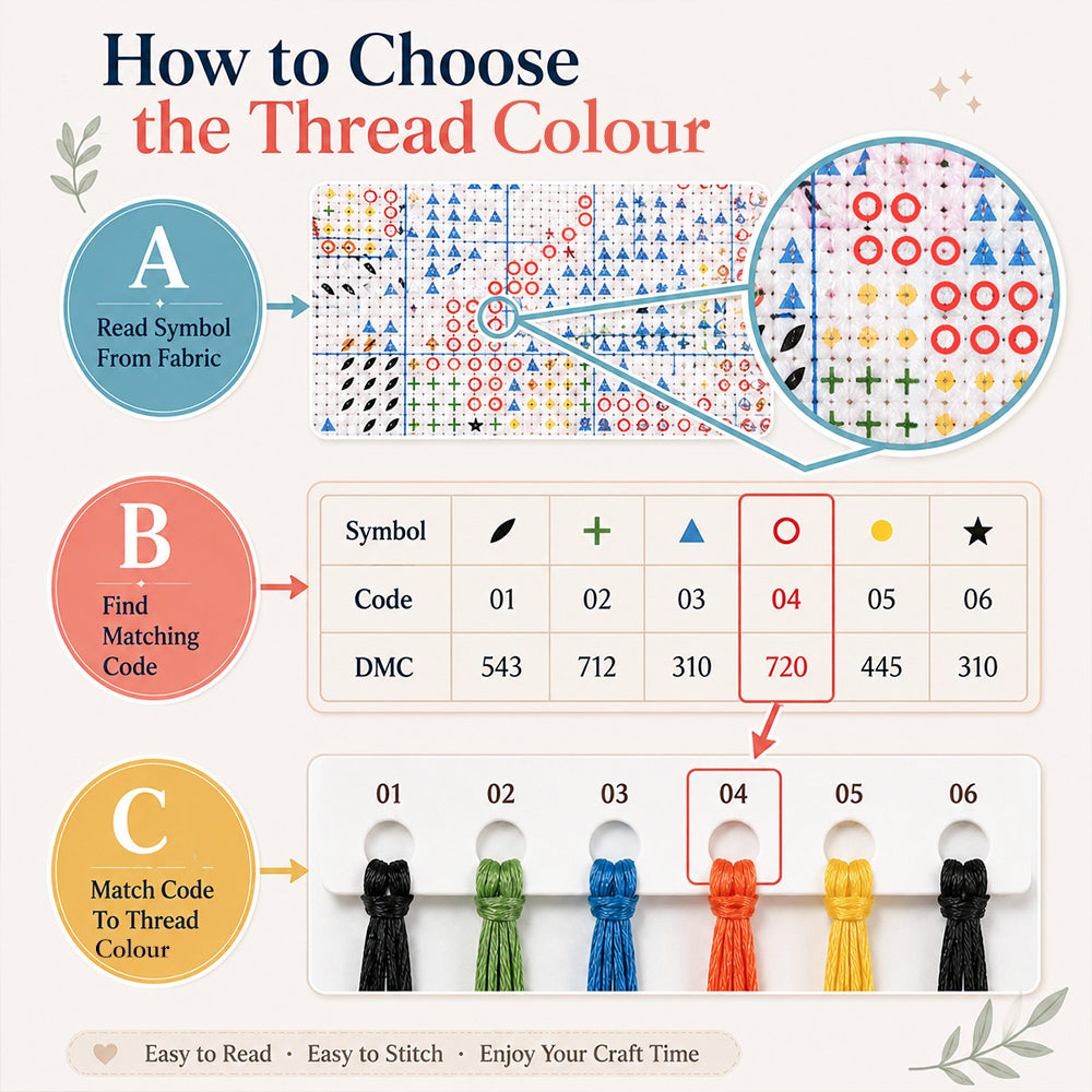 Cross stitch thread colour guide showing symbols and matching embroidery colours