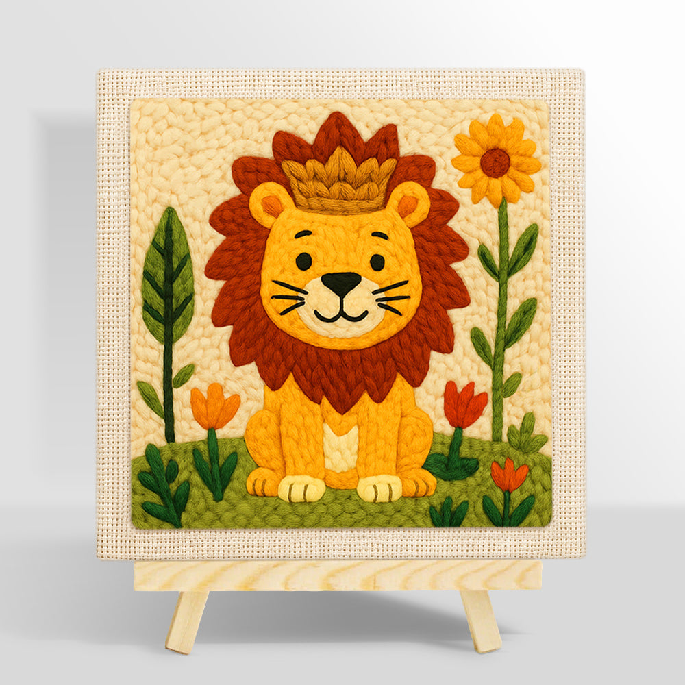Crowned lion and flowers punch needle kit for beginners