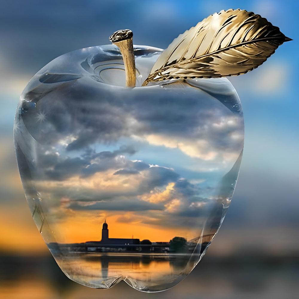 Crystal apple with city sunset reflection cross stitch kit for beginners