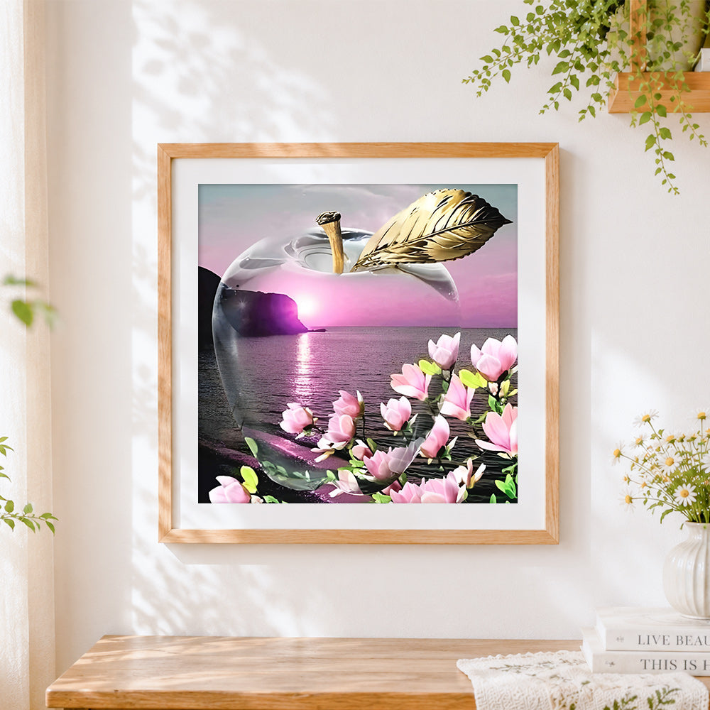 Finished crystal apple with pink sunset and flowers paint by numbers artwork displayed as home decor