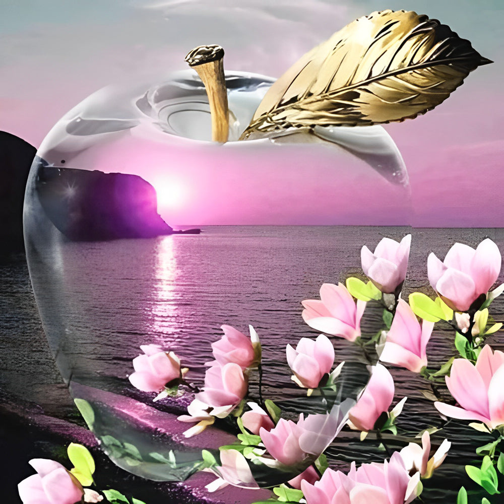 Crystal apple with pink sunset and flowers paint by numbers kit for beginners