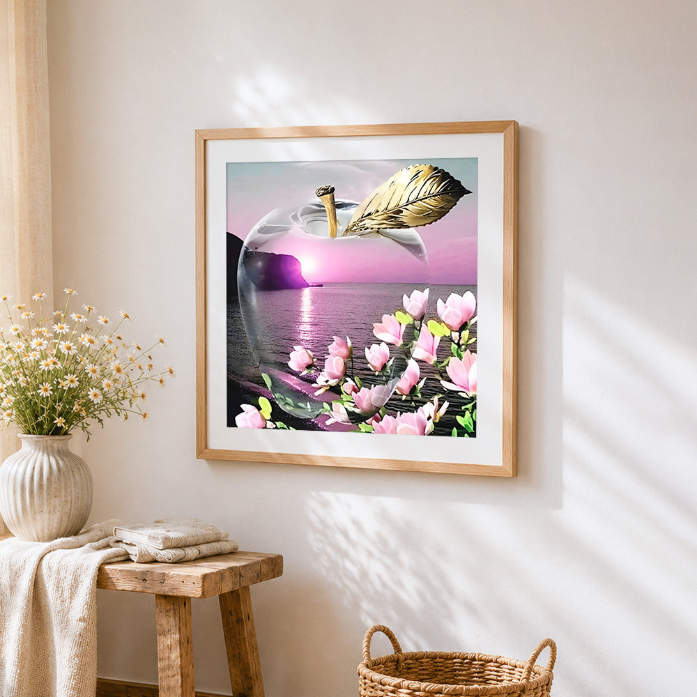 Crystal apple with pink sunset and flowers paint by numbers artwork displayed on wall as home decor