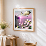 Crystal apple with pink sunset and flowers paint by numbers artwork displayed on wall as home decor