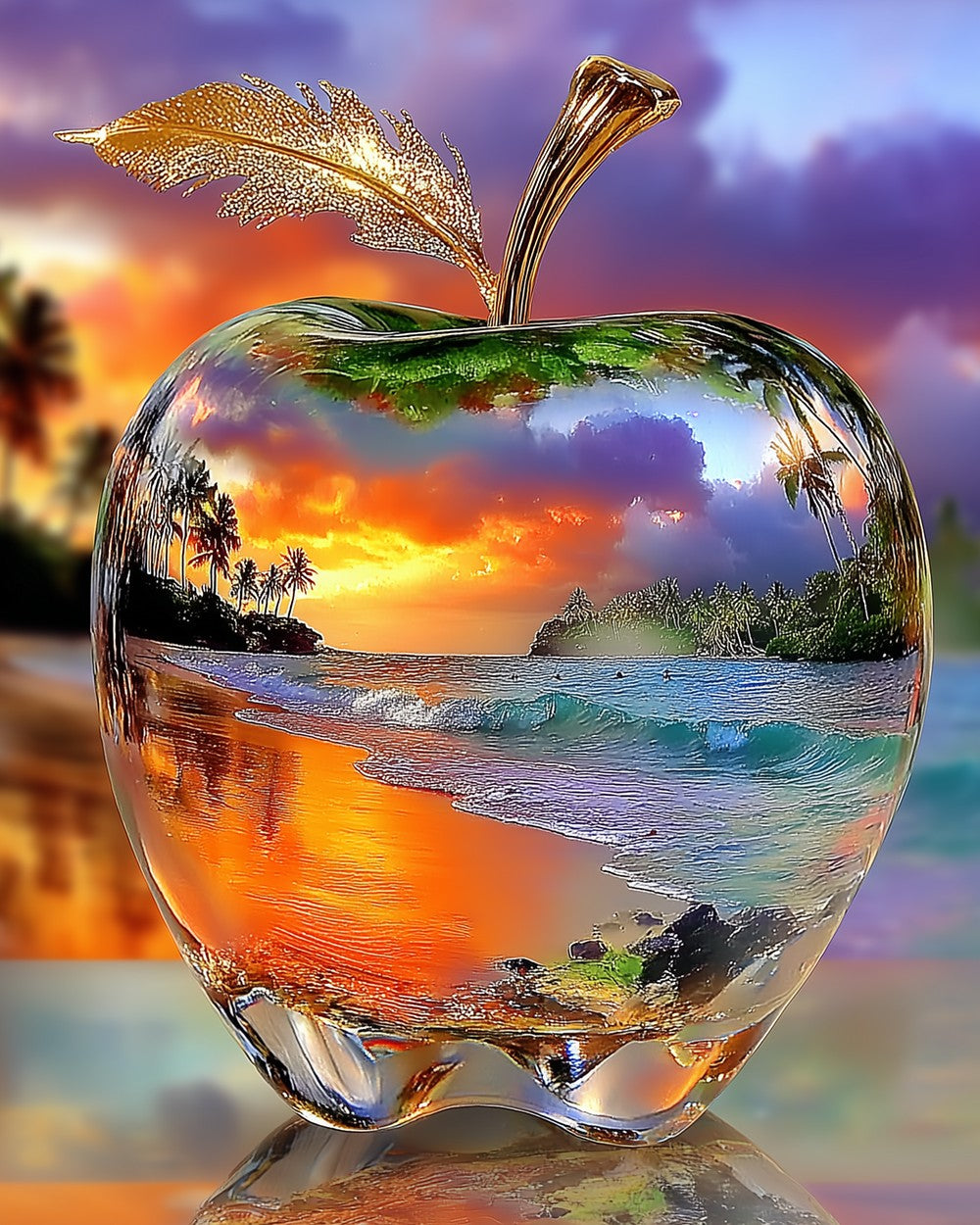 Crystal apple with sunset beach scene cross stitch kit for beginners
