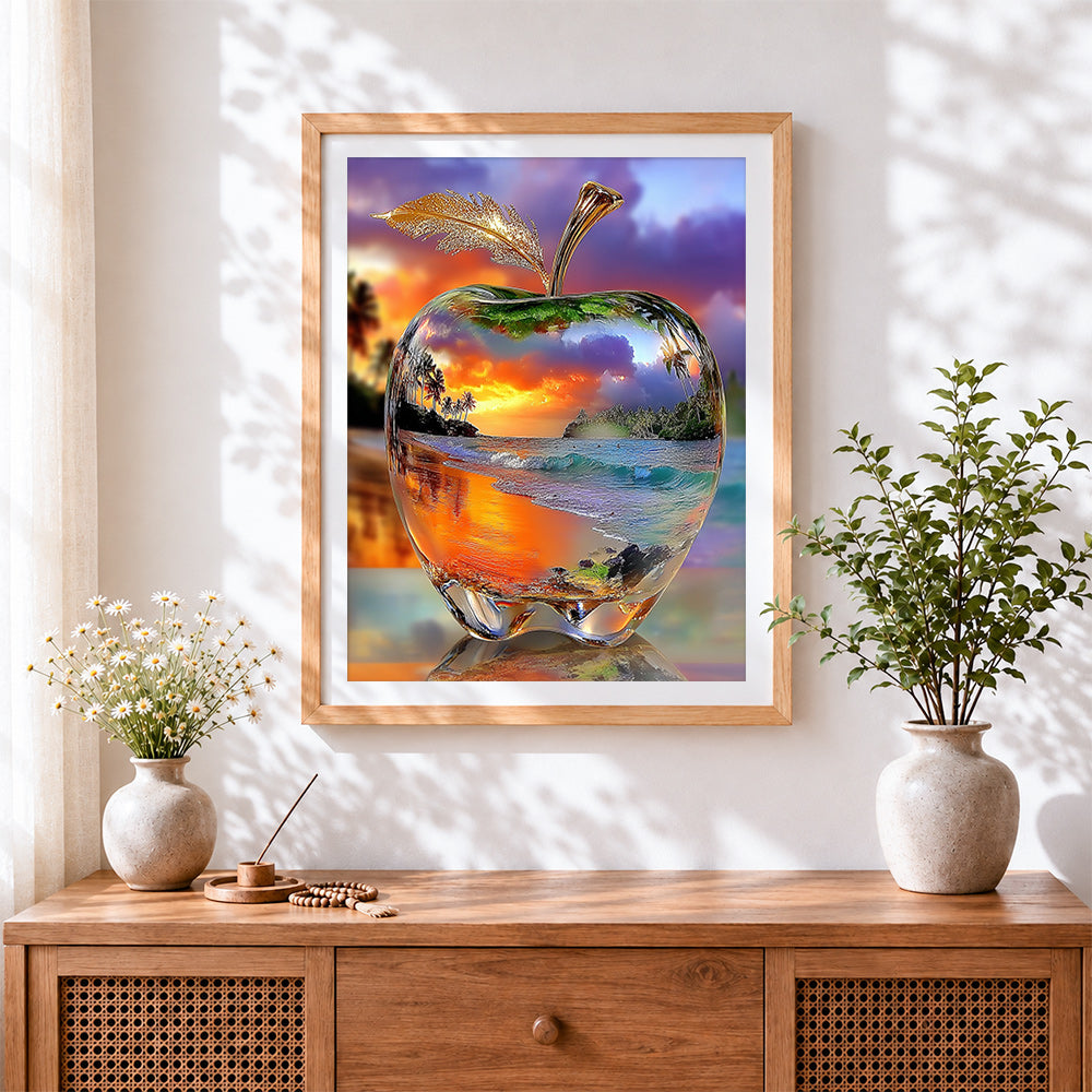 Finished crystal apple with sunset beach scene paint by numbers artwork displayed as home decor