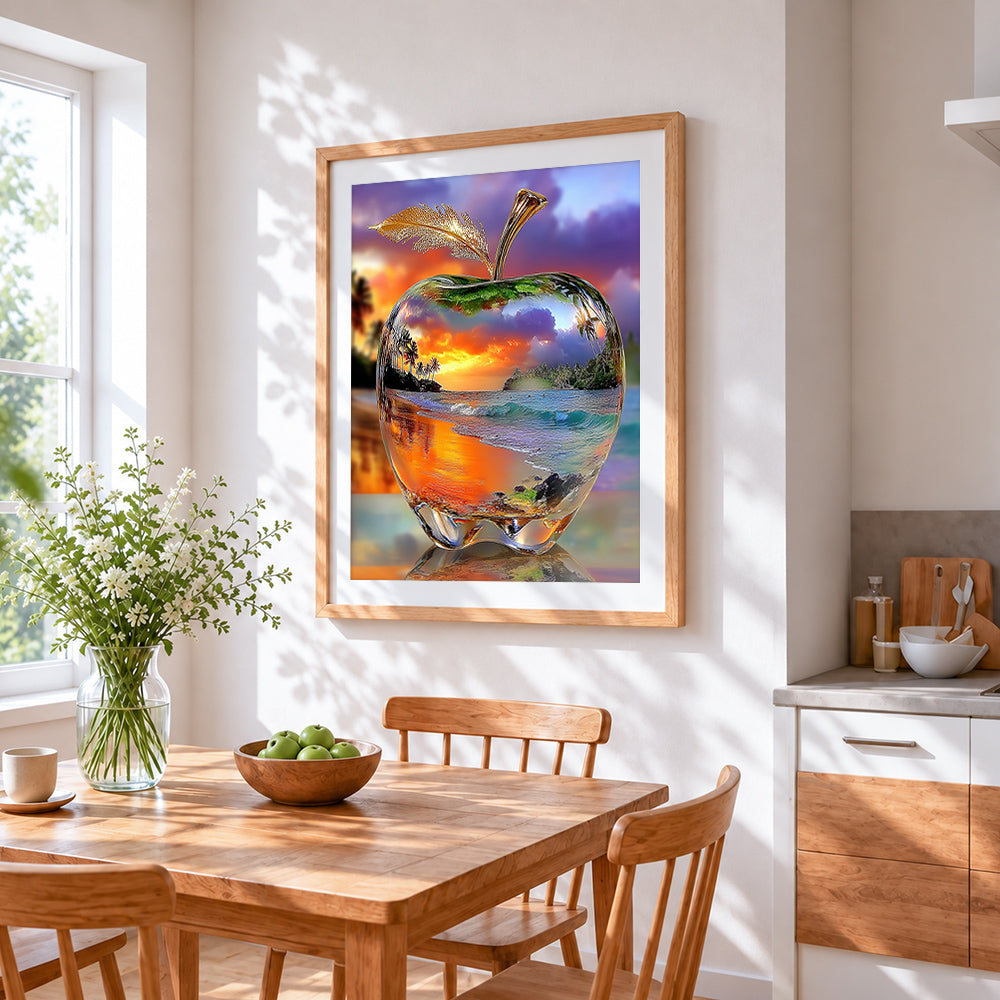 Crystal apple with sunset beach scene paint by numbers artwork displayed on wall as home decor