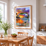 Crystal apple with sunset beach scene paint by numbers artwork displayed on wall as home decor