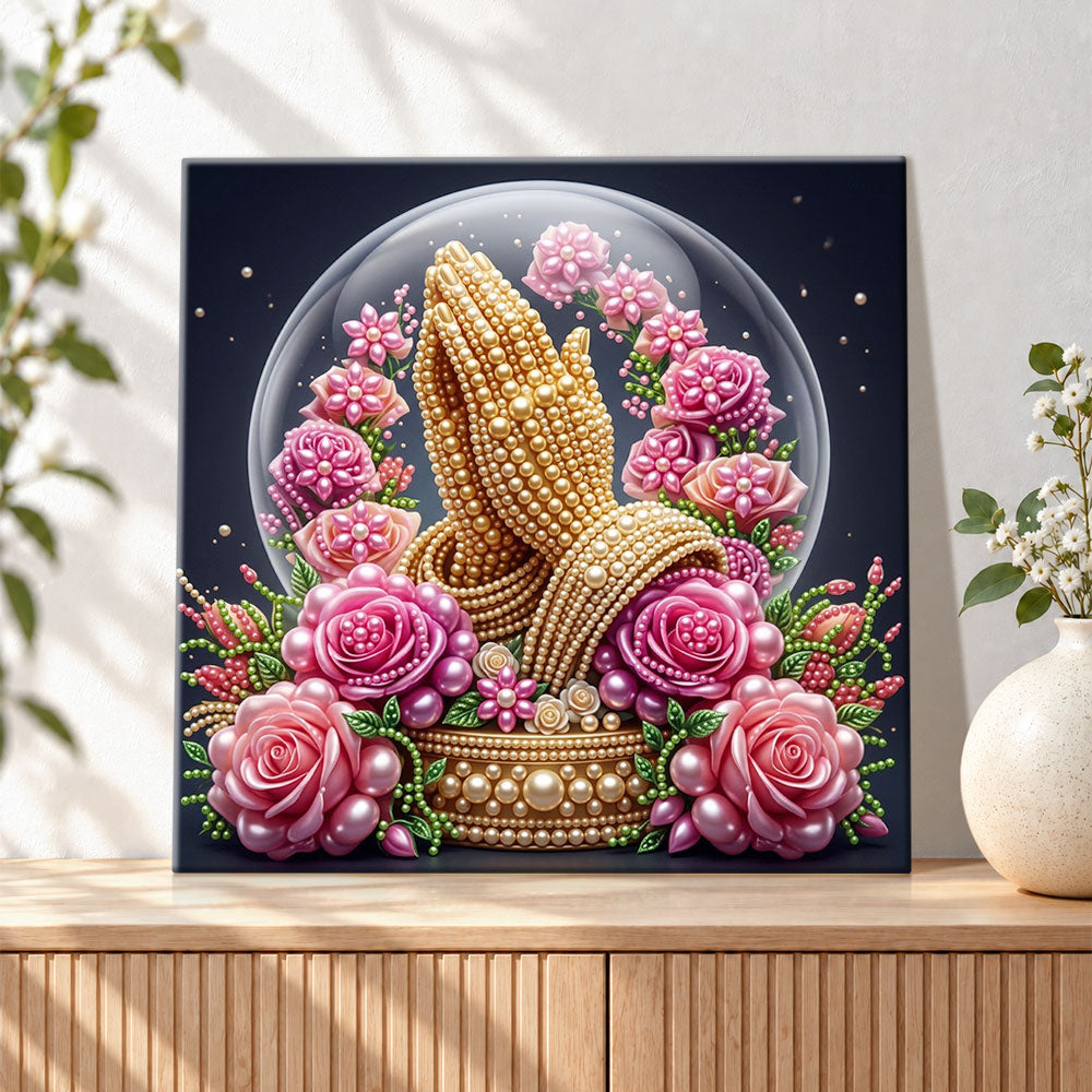 Finished crystal globe with pink blooms pearl diamond painting artwork displayed as holiday home decor