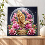 Finished crystal globe with pink blooms pearl diamond painting artwork displayed as holiday home decor
