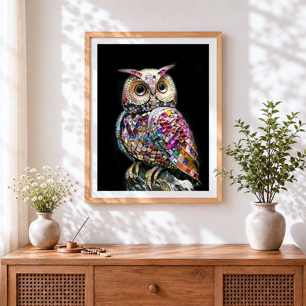 Finished crystal jewelled owl cross stitch artwork displayed