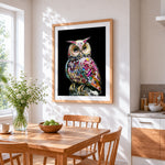 Crystal jewelled owl cross stitch artwork displayed on wall as home decor
