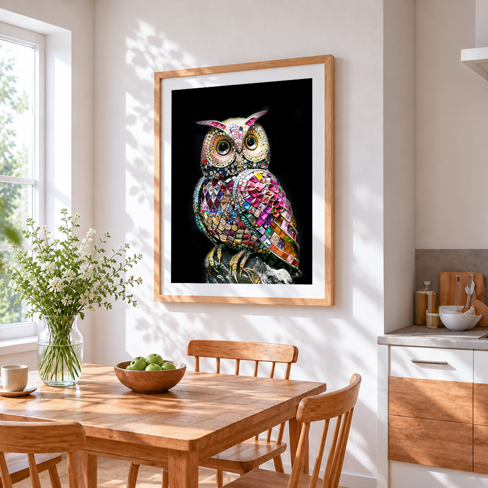 Crystal jewelled owl cross stitch artwork displayed on wall as home decor