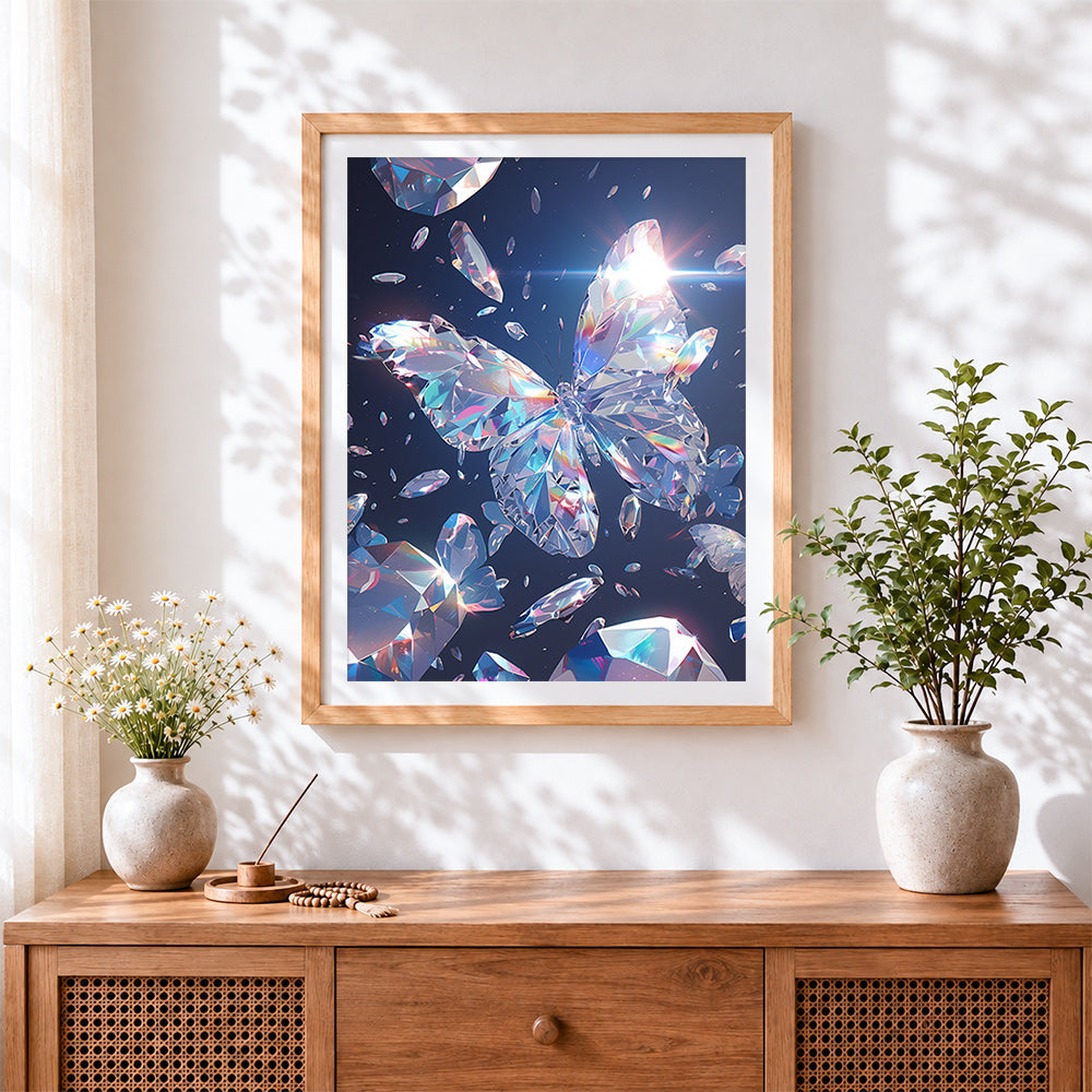 Finished crystal prism butterfly cross stitch artwork displayed