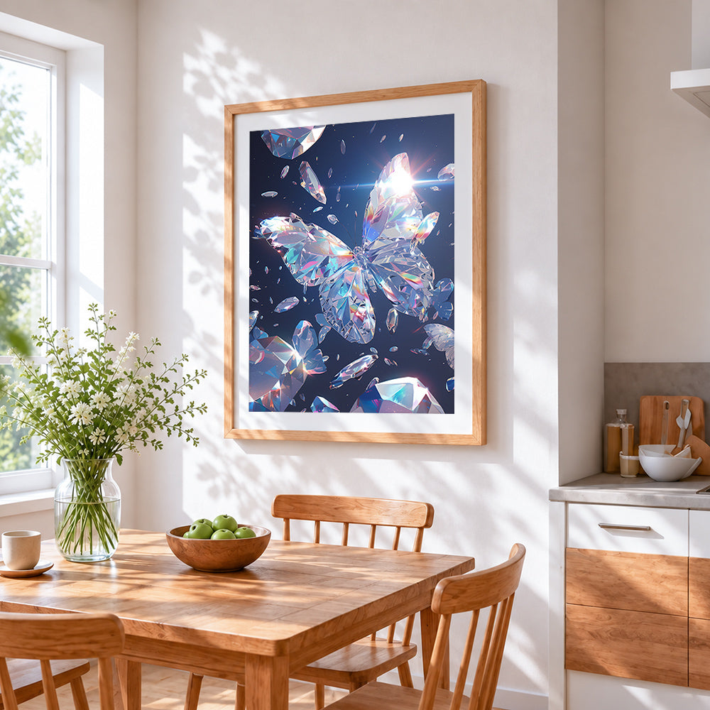 Crystal prism butterfly cross stitch artwork displayed on wall as home decor