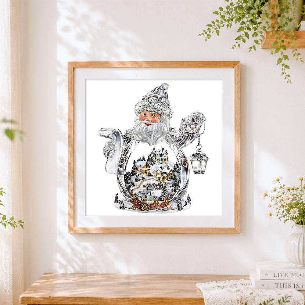 Finished crystal santa claus snow globe paint by numbers artwork displayed as home decor