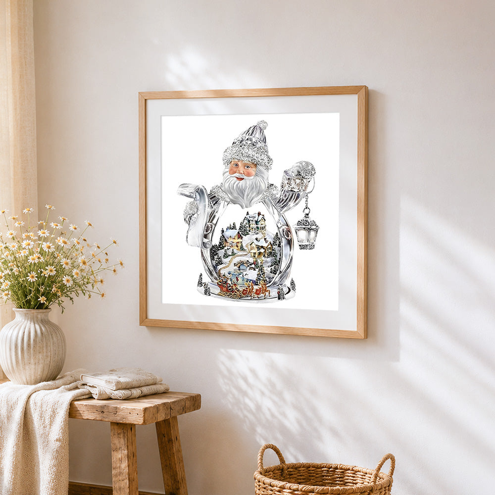Crystal santa claus snow globe paint by numbers artwork displayed on wall as home decor