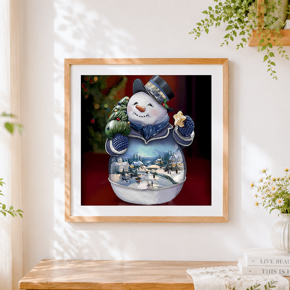 Finished crystal snowman snow globe cross stitch artwork displayed