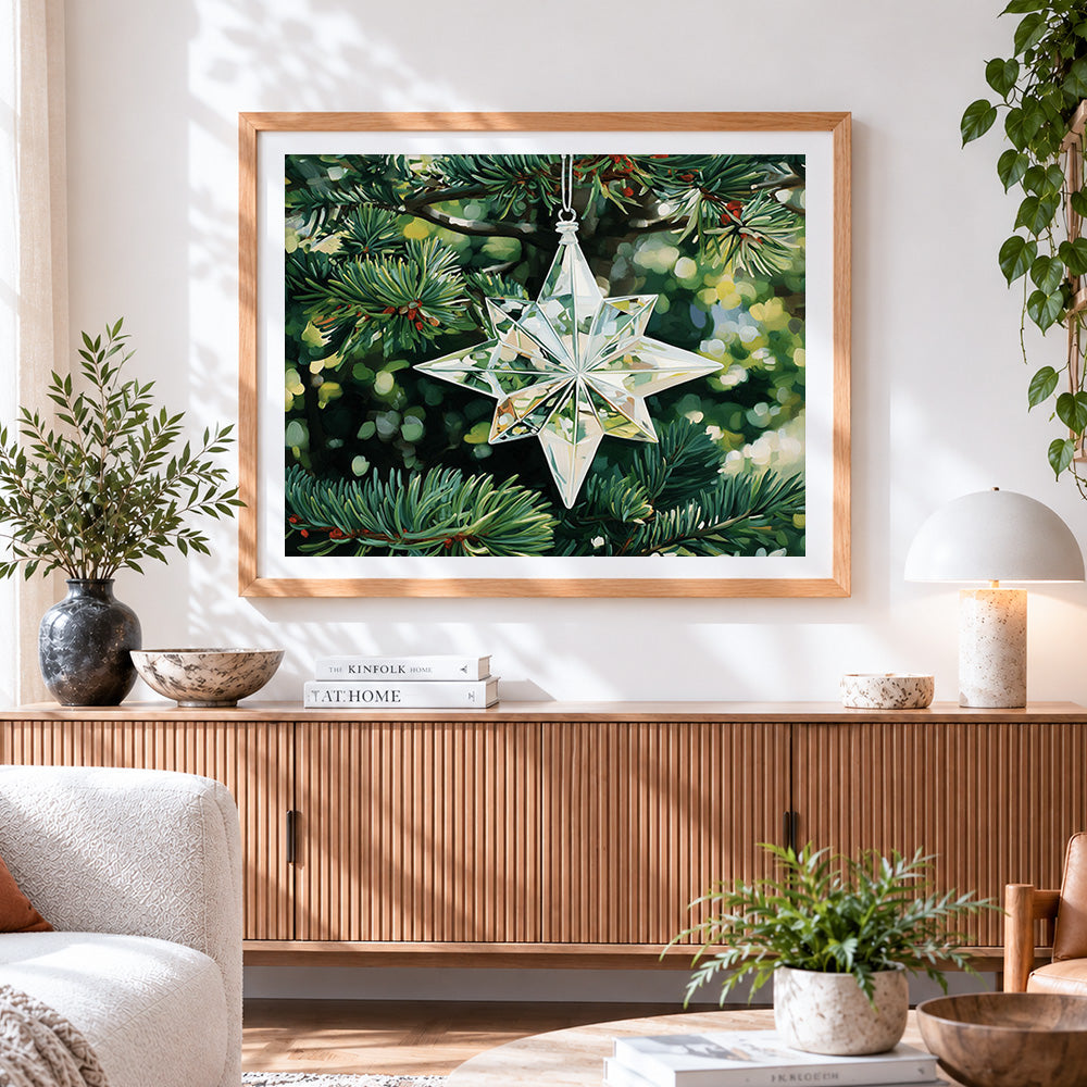 Finished crystal star christmas ornament cross stitch artwork displayed