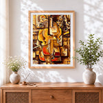 Finished cubist cello cross stitch artwork displayed